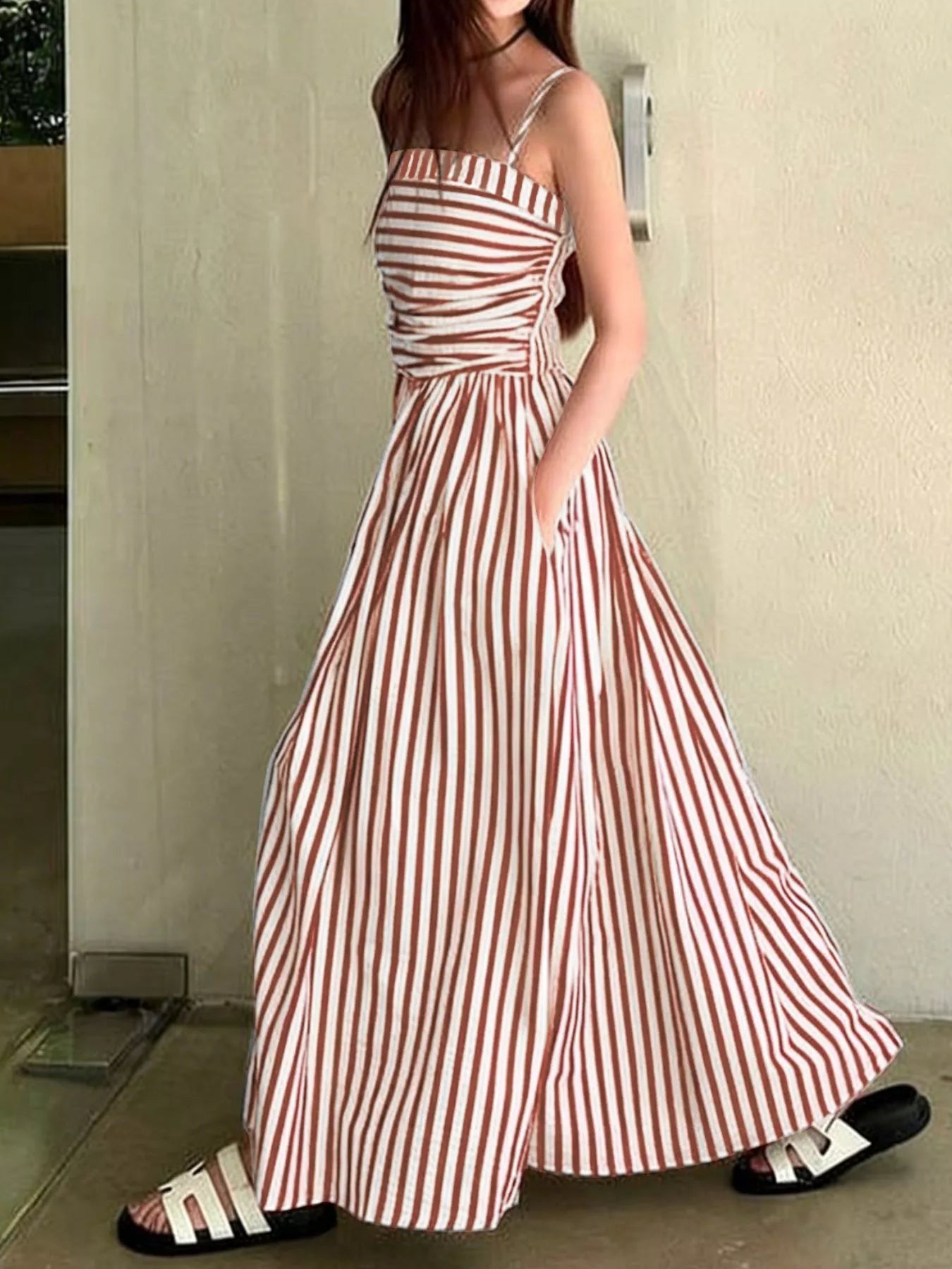 Women's Striped Spaghetti Strap Casual Maxi Dress