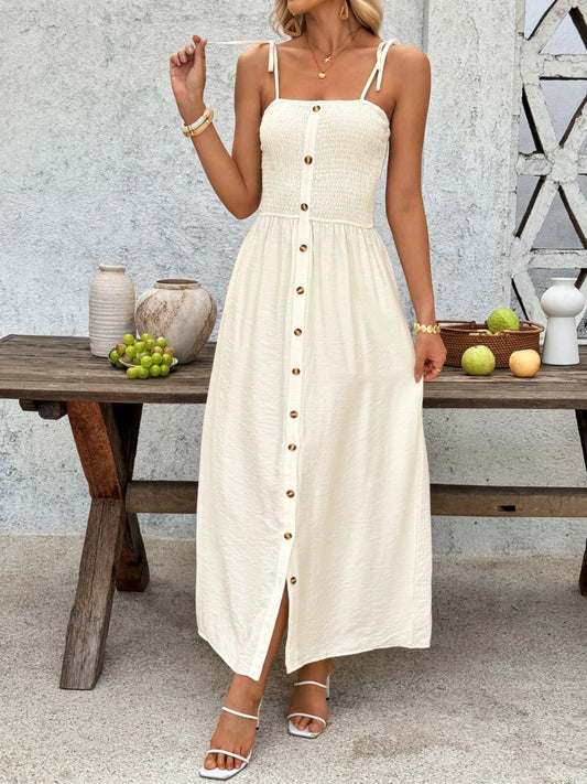 Smocked Button Front Tie Shoulder Dress — women's maxi dress Australia