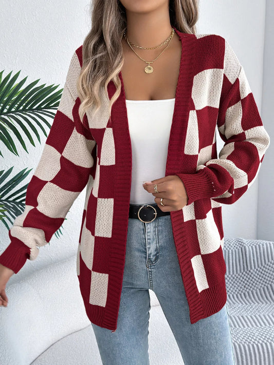 Checkered Pattern Open Front Cardigan — women's knit cardigan Australia