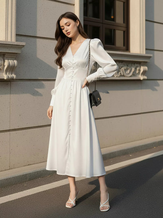 V-Neck Lantern Sleeve Midi Dress — women's midi dress Australia