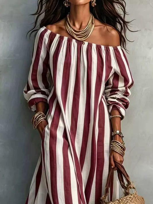 Off-Shoulder Striped Dress with Pockets — women's maxi dress Australia