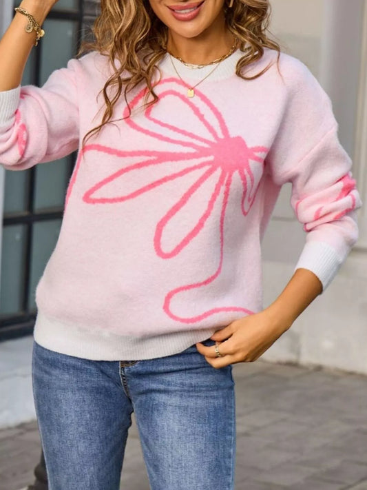 Women's Floral Crew Neck Long Sleeve Sweater — women's knit sweater Australia