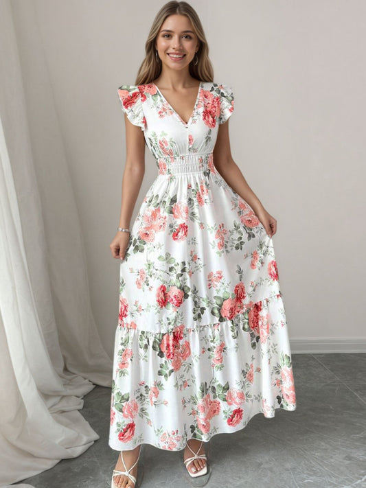 Floral Print Ruffle Sleeve Tiered Maxi Dress — women's casual dress Australia