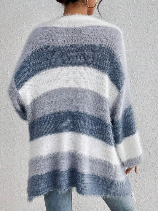 Women's Striped Fuzzy Knit Open Front Cardigan — women's knit cardigan Australia