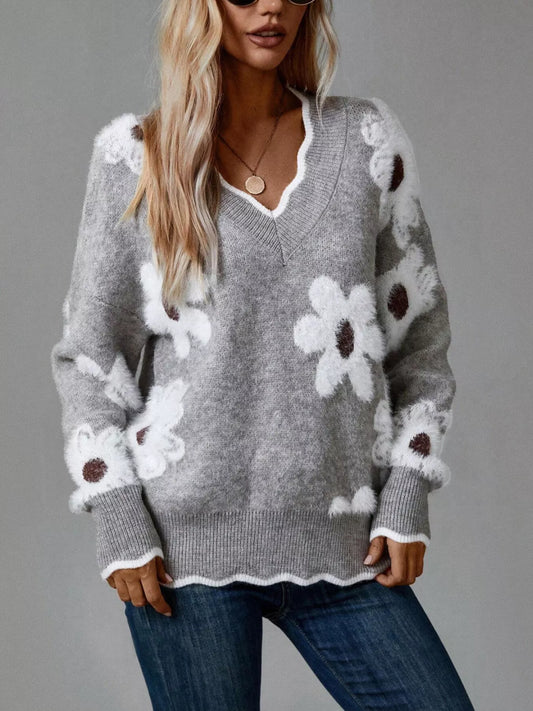 Women's Floral V-Neck Long Sleeve Sweater — women's knit sweater Australia