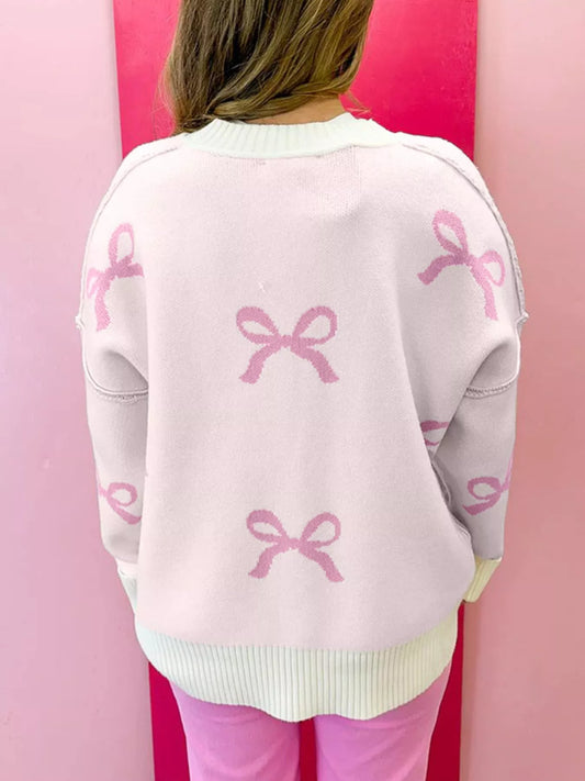 Bow Print Ribbed Trim Exposed Seam Drop Shoulder Loose Sweater — women's knit sweater Australia