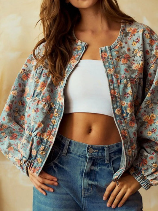 Floral Print Zip Up Cropped Denim Jacket — women's jacket Australia