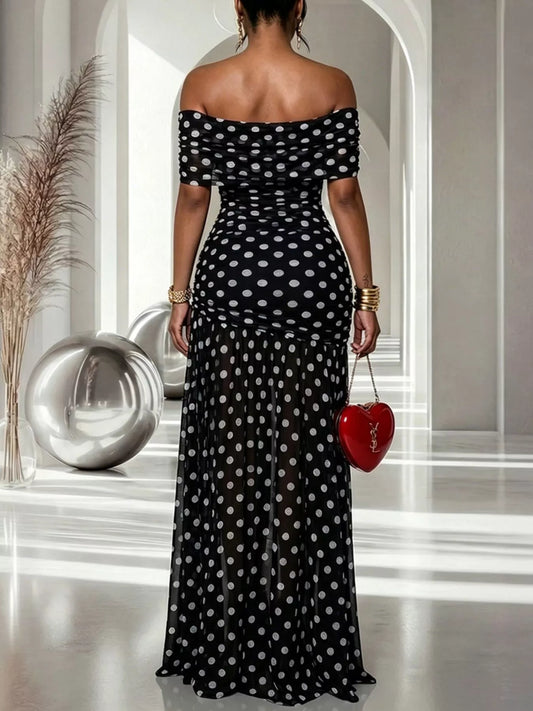 Polka Dot Off Shoulder Slit Maxi Dress — evening dress Australia