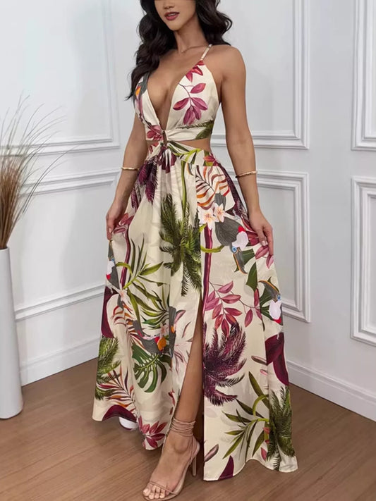 Tropical Print Plunge Cutout Slit Maxi Dress — women's casual dress Australia