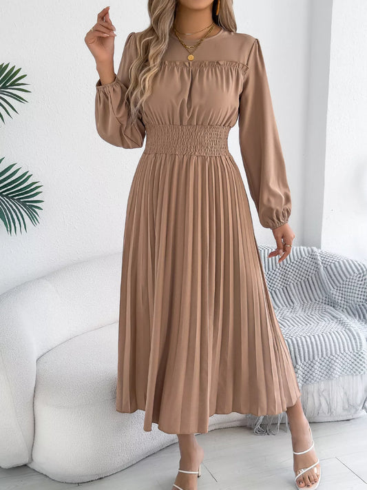 Smocked Pleated Long Sleeve Midi Dress — women's casual dress Australia