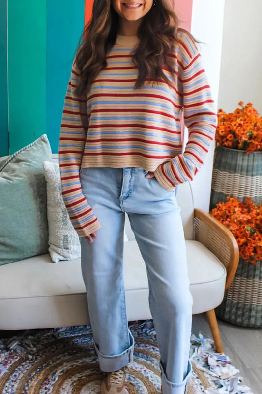 Women's Striped Long Sleeve Round Neck Sweater — women's knitwear Australia