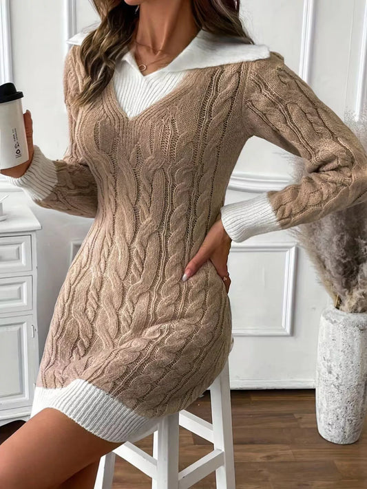 Women's Cable Knit Contrast Trim Sweater Dress — women's knit sweater dress Australia