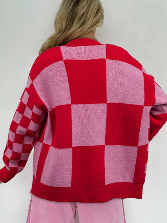 Women's Checkerboard Knit Button-Down Cardigan — women's knit cardigan Australia