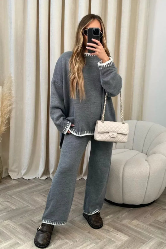 Women's Contrast Trim Round Neck Top and Pants Sweater Set — women's knitwear Australia