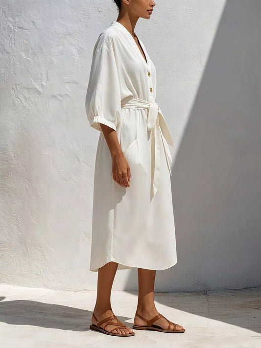 Full Size Tie Waist V-Neck Midi Dress Plus Size — women's midi dress Australia