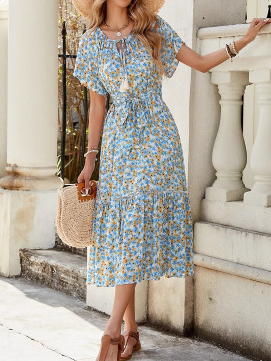 Floral Print Ruffle Hem Tie Front Midi Dress — women's casual dress Australia