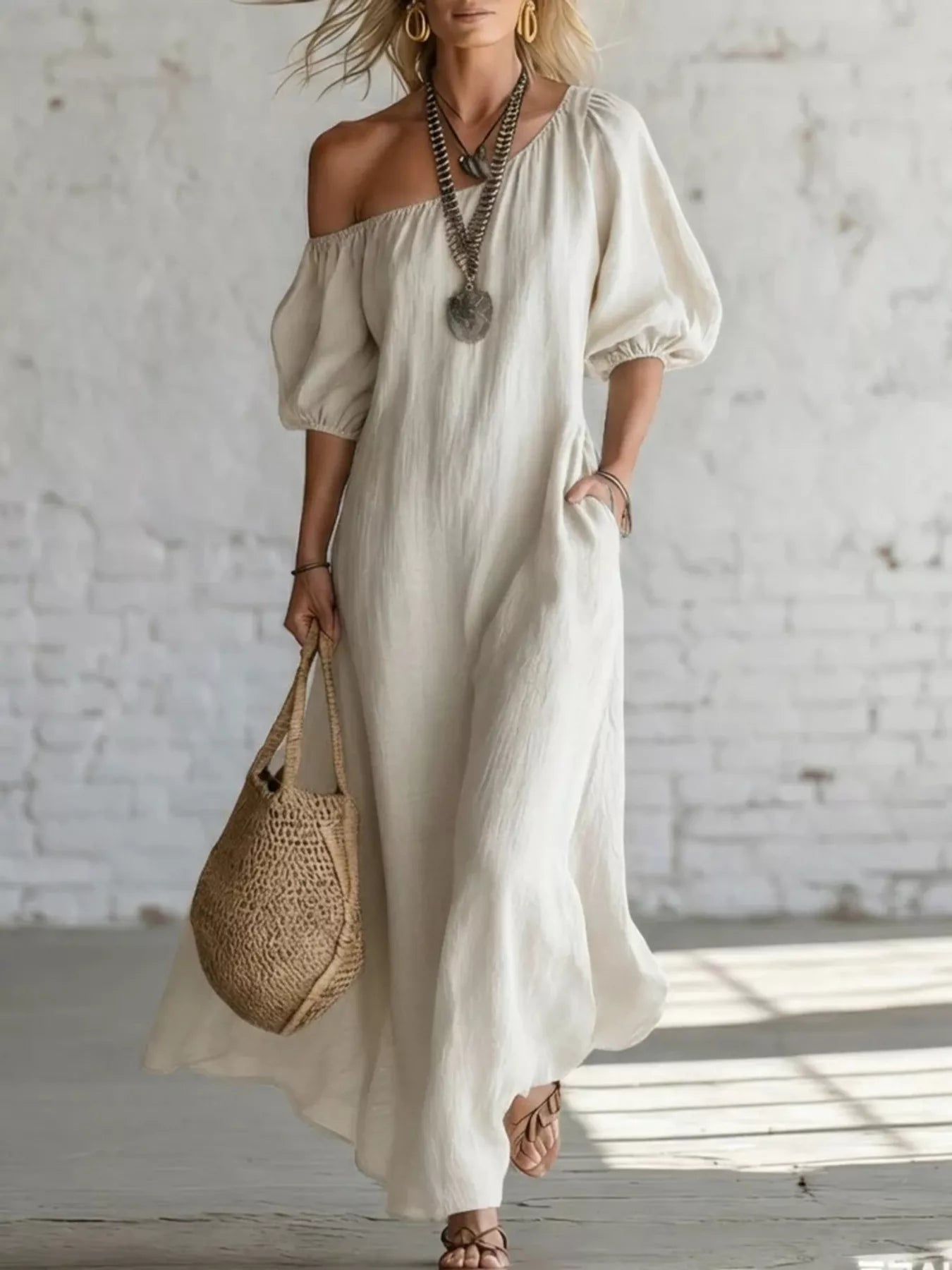 Women's One-Shoulder Puff Sleeve Maxi Dress — Chic and Unique AU