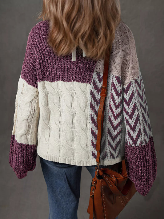 Women's Color Block Patchwork Knotted Back Loose Fit Sweater — women's knit sweater Australia