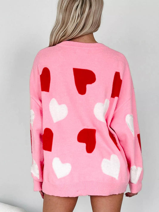 Women's Pearl Embellished Heart Pattern Valentines Day Sweater — women's knit sweater Australia