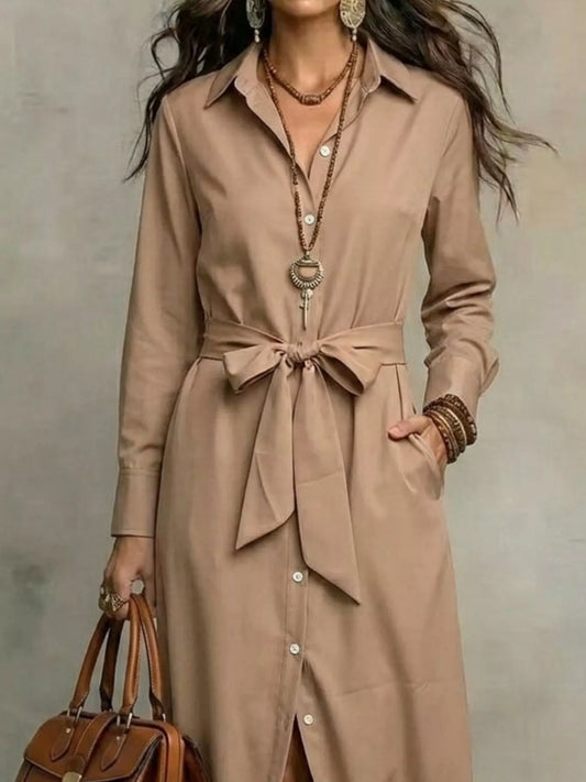 Women's Full Size Tie Waist Long Sleeve Shirt Dress Plus Size — Chic and Unique AU