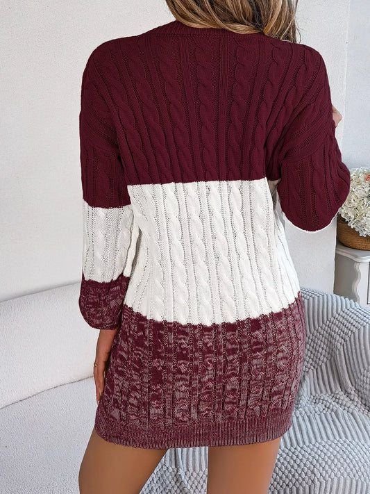 Women's Color Block Cable Knit Sweater Dress with Textured Pattern — women's knit sweater dress Australia