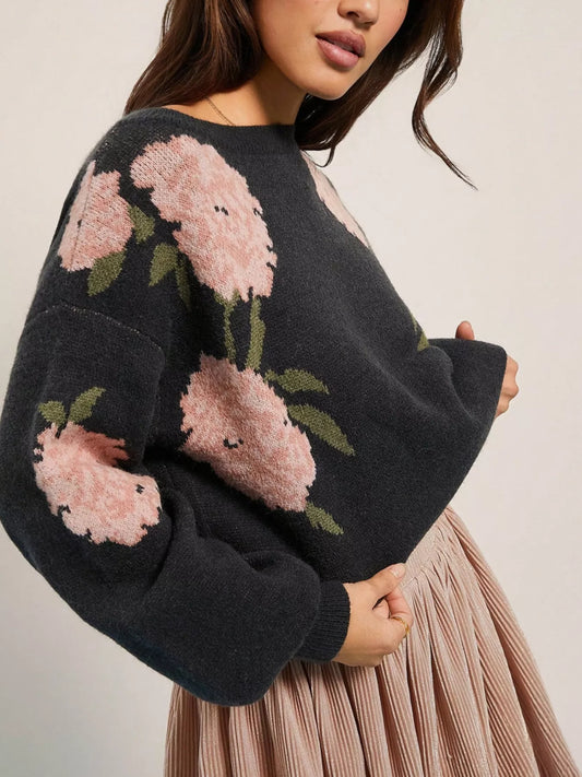 Women's Floral Boat Neck Long Sleeve Sweater — women's knit sweater Australia