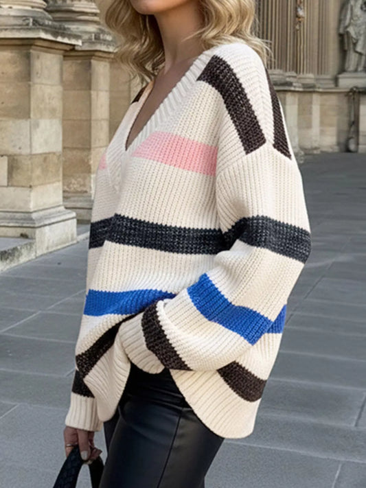Women's Striped V-Neck Oversized Sweater — women's knit sweater Australia