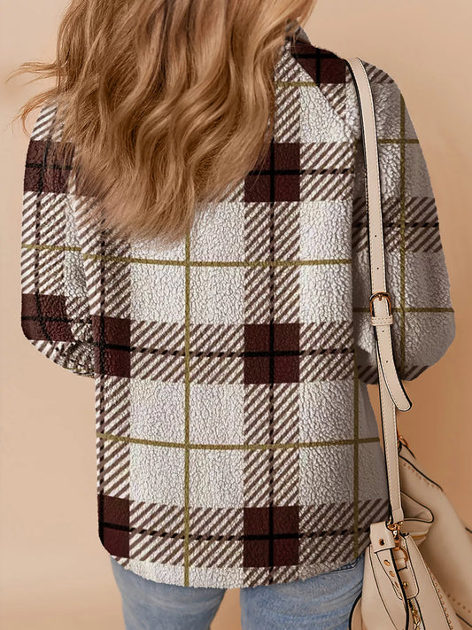 Plaid Buttoned Stand Collar Fleece Jacket — women's jacket Australia