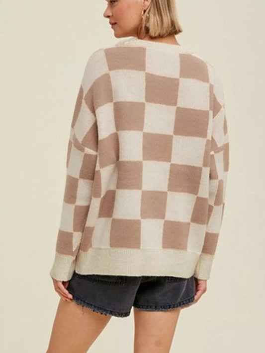 Women's Checkered Pattern Ribbed Trim Knit Baggy Sweater — women's knitwear Australia