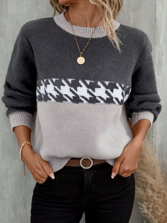 Women's Houndstooth Pattern Color Block Sweater — women's knitwear Australia