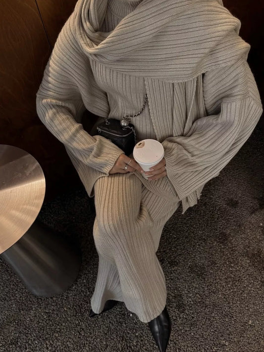 Women's 3-Piece Crew Neck Ribbed Sweater and Wide-Leg Pants Set with Scarf — women's knitwear Australia