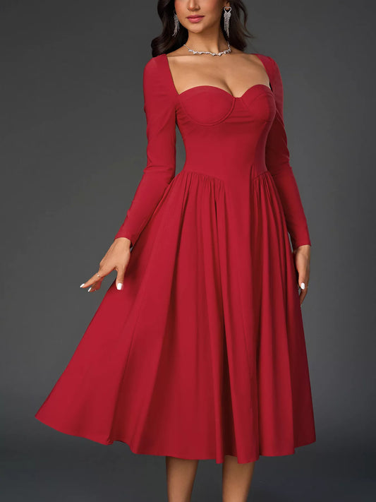 Sweetheart Neckline Long Sleeve A-Line Midi Dress — women's formal dress Australia