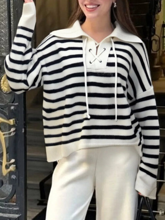 Women's Striped Lace-Up Long Sleeve Sweater — women's knit sweater Australia