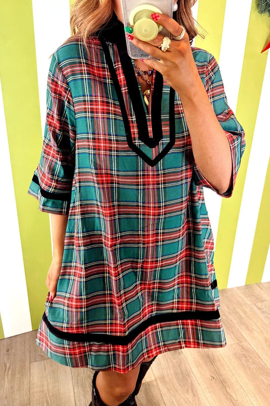 Women's Plaid Velvet Trim Short Shift Dress with Pockets — Chic and Unique AU