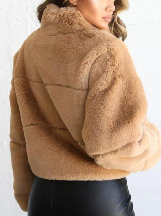 Full Size Faux Fur Cropped Zip-Up Jacket Plus Size — women's jacket Australia