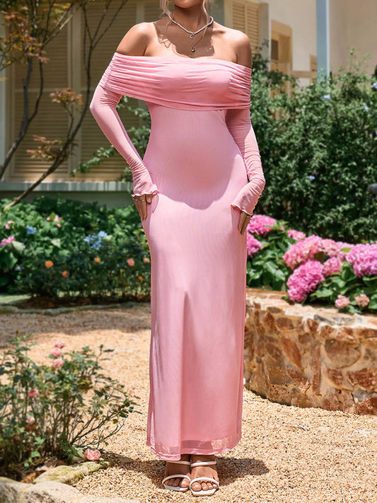 Off-Shoulder Ruched Long Sleeve Maxi Dress — women's maxi dress Australia