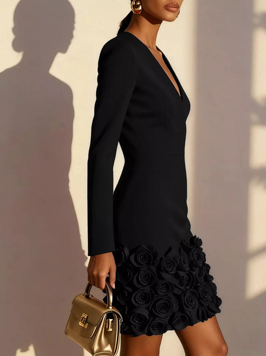 Women's V-Neck Dress with Rose Embellishment — Chic and Unique AU