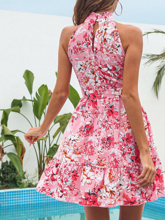 Floral Print Halter Neck Mini Dress — women's casual dress Australia