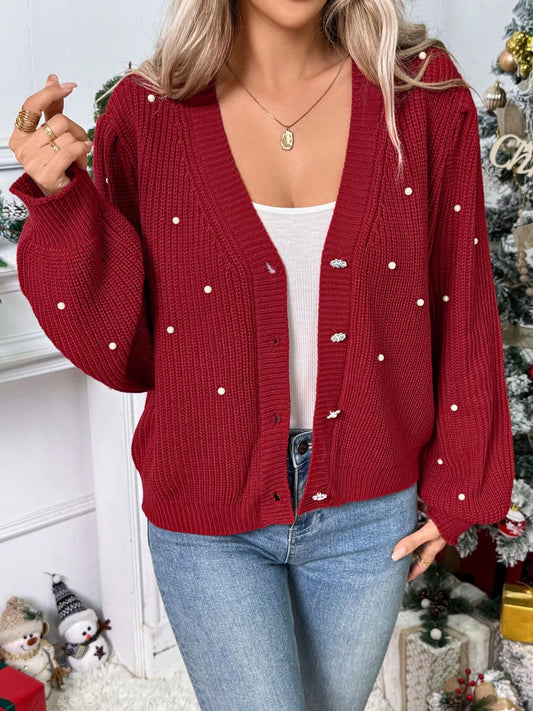 Women's Pearl Embellished Button Up Cardigan — women's knit cardigan Australia