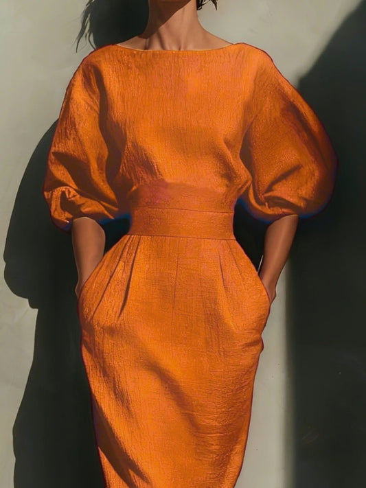 Round Neck Puff Sleeves Midi Dress — women's casual dress Australia