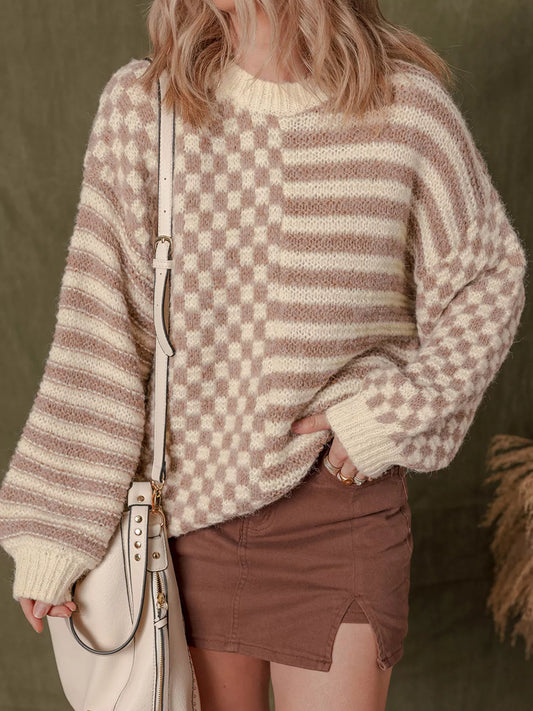 Women's Checkerboard & Striped Pattern Knit Sweater — women's knit sweater Australia