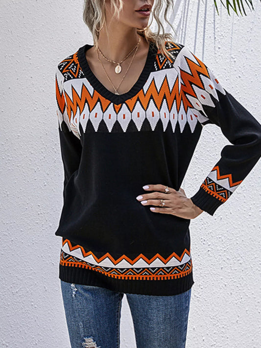 Women's Geometric Pattern V-Neck Sweater — women's knit sweater Australia
