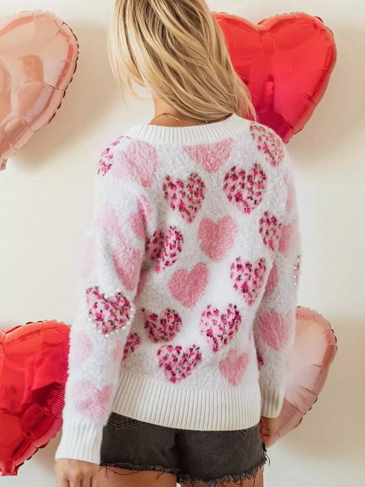 Women's Heart Leopard Pearled Ribbed Trim Fuzzy Sweater — women's knitwear Australia
