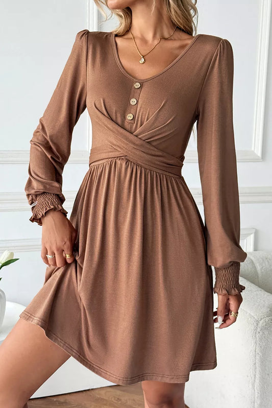 Shirred Cuff Long Sleeve Button Round Neck Mini Dress — women's mini dress Australia