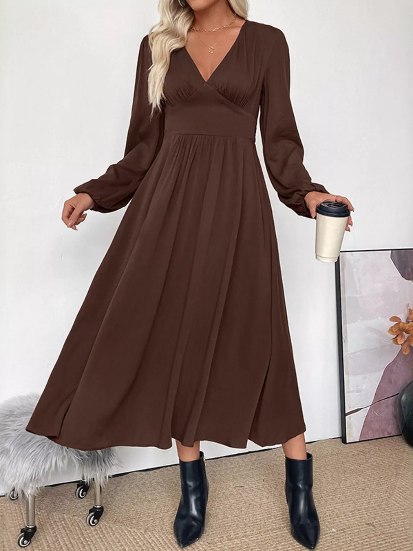 V-Neck Long Sleeve A-Line Midi Dress Chic and Unique V-Neck Long Sleeve A-Line Midi Dress Chic and Unique