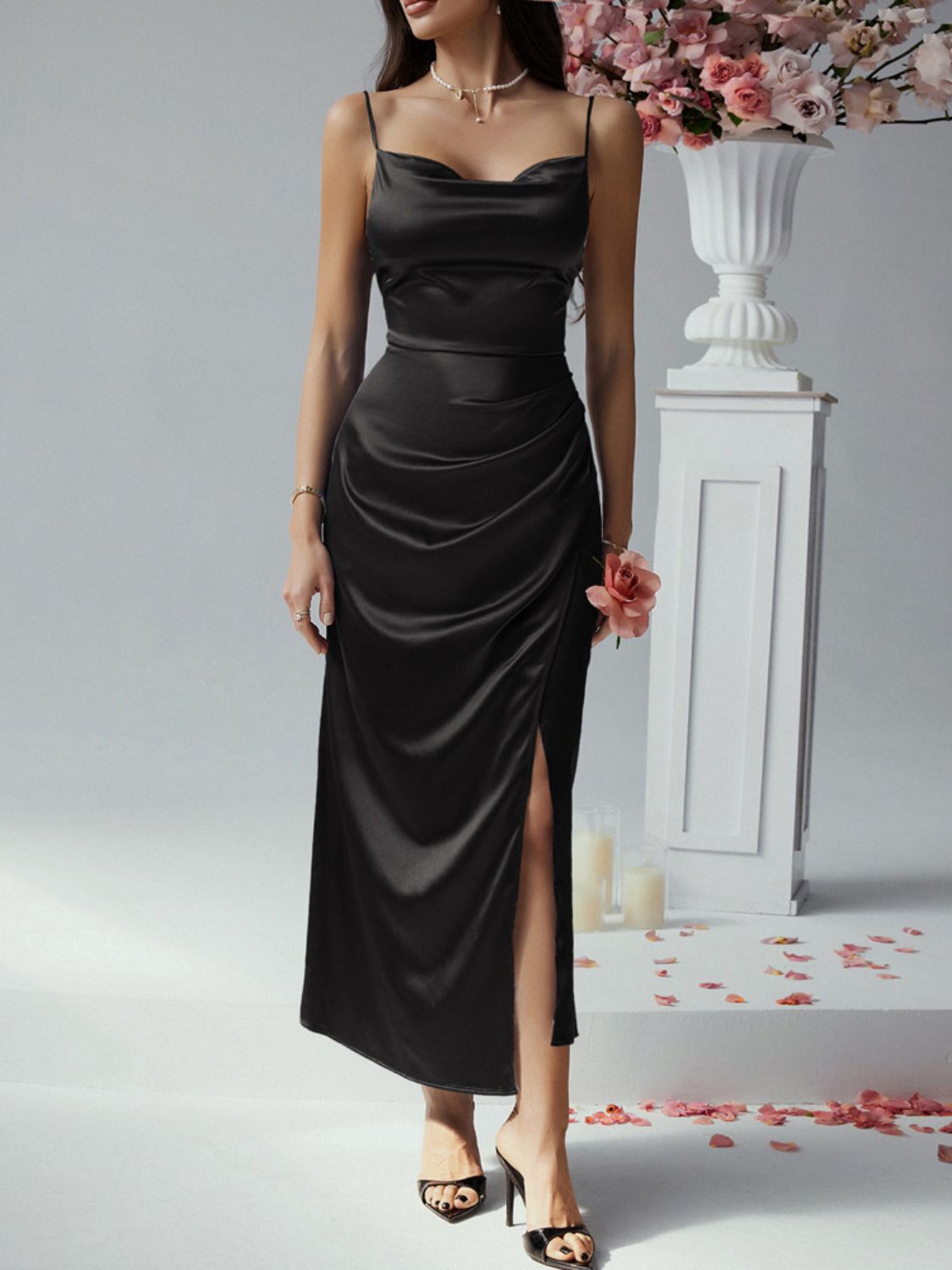 Ruched slit maxi cami formal evening dress in elegant sleeveless style