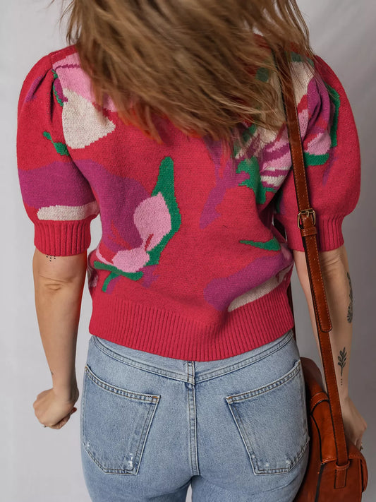 Women's Floral Abstract Print Short Puff Sleeve Sweater — women's knit sweater Australia