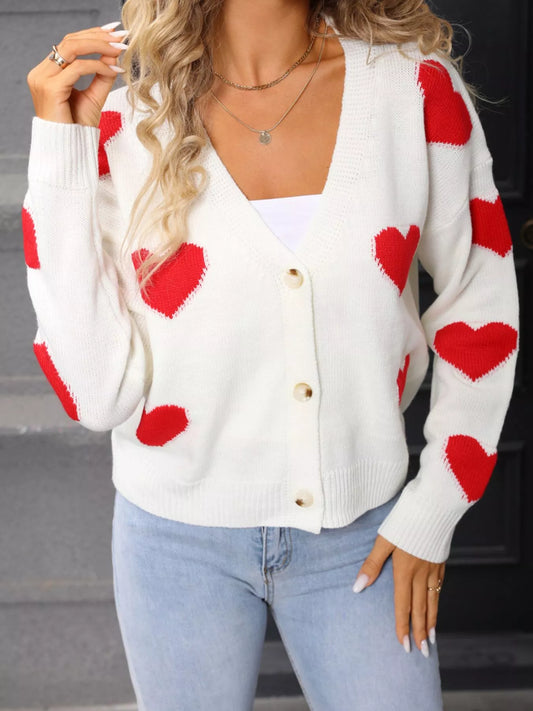 Women's Valentine's Day Heart Pattern Button-Up Knit Cardigan — women's knitwear Australia