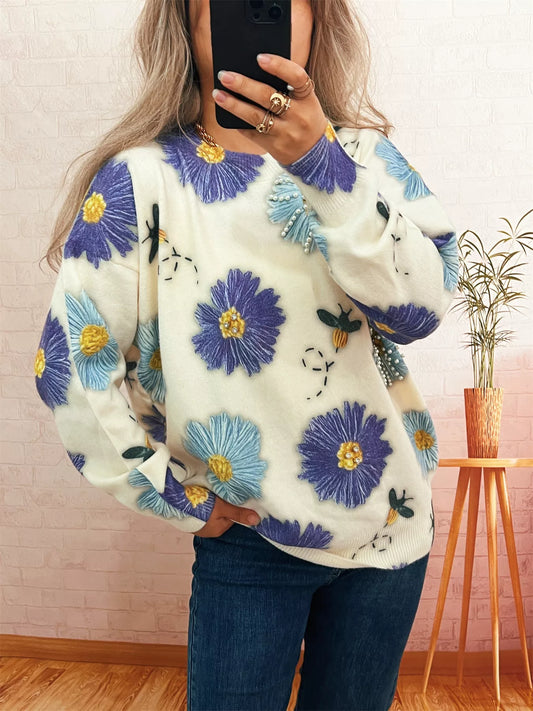 Women's Pearl Detail Flower Round Neck Sweater — women's knit sweater Australia
