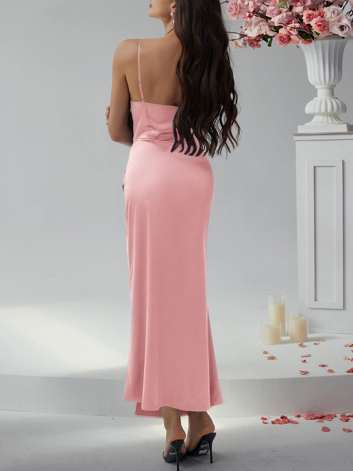 Ruched slit maxi cami formal evening dress in elegant sleeveless style